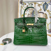 Hermès Birkin Style 25/30/35 Retourne in Vert Émeraude Crocodile-Embossed Leather (Gold Hardware)