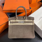 Hermès Birkin 30 Retourne in Etoupe Suede Grizzly with White Stitching (Palladium Hardware)