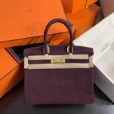 Hermès Birkin 30 Retourne in Bordeaux Suede Grizzly with White Stitching (Gold Hardware)