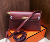 Hermes Kelly Elan 25 Underarm Baguette Bag, Genuine Top Layer Cowhide Goat Grain Leather, Gold Hardware Vintage Wine Red Shoulder Handbag, Elegant Luxury Quiet Glam Daily Purse Size 25×6.5×15cm