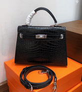 Hermes Kelly Sellier 22cm Noir Shiny Crocodile Leather Gold Hardware & Palladium Hardware Women Handbag