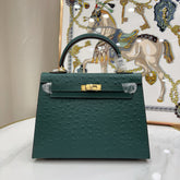 Hermes Kelly Sellier 25cm Vert Cypress Ostrich Gold Hardware Vintage Women Handbag