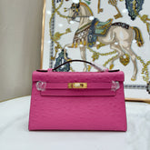 Hermes Mini Kelly Sellier 22cm Rose Tyrien Ostrich Leather Gold Hardware Women Mini Handbag