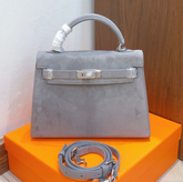Hermes Kelly Sellier 22cm Gris Asphalte Suede Leather Palladium Hardware Women Handbag