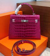 Hermes Kelly Sellier 22cm Fuchsia Shiny Crocodile Leather Gold Hardware & Palladium Hardware Women Handbag