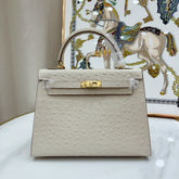 Hermes Kelly Sellier 25cm Craie Ostrich Gold Hardware Premium Women Shoulder Purse