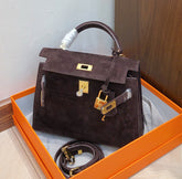Hermes Mini Kelly Sellier 22cm Ebene Suede Leather Gold Hardware Women Mini Handbag