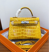 Hermes Kelly Sellier 19cm Jaune Ambre Shiny Crocodile Leather Gold Hardware & Palladium Hardware Women Handbag