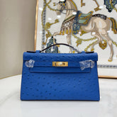 Hermes Mini Kelly Sellier 22cm Bleu Electrique Ostrich Leather Gold Hardware Women Mini Handbag