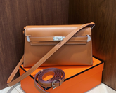 Hermes Kelly Elan 25 Underarm Baguette Bag, Genuine Top Layer Cowhide Goat Grain Leather, Silver Hardware Caramel Brown Shoulder Purse, Vintage Classic Fall Winter Must-Have Handbag Size 25×6.5×15cm