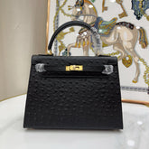 Hermes Kelly Sellier 25cm Noir Black Ostrich Gold Hardware Designer Shoulder Tote
