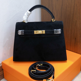 Hermes Kelly Sellier 22cm Noir Suede Leather Gold Hardware Women Mini Handbag