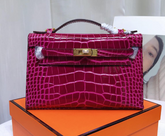 Hermes Kelly Pochette Fuchsia Shiny Niloticus Crocodile Leather Gold Hardware Women Clutch Bag