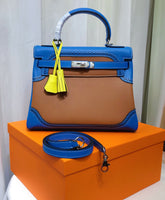 Hermes Kelly Sellier Ghillies 28cm Bleu Izmir & Natural Sable Barenia Leather Palladium Hardware Women Handbag