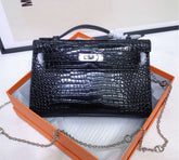 Hermes Kelly Pochette Noir Shiny Niloticus Crocodile Leather Palladium Hardware & Palladium Hardware Women Clutch Bag
