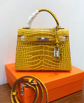 Hermes Kelly Sellier 22cm Jaune Ambre Shiny Crocodile Leather Gold Hardware & Palladium Hardware Women Handbag
