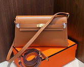 Hermes Kelly Elan 25 Top-Grain Leather Goat-Pattern Underarm Baguette Bag – Gold Buckle, Coffee Brown, 25×6.5×15cm