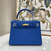Hermes Kelly Sellier 25cm Bleu Electrique Ostrich Gold Hardware Premium Crossbody Purse
