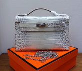 Hermes Kelly Pochette Himalaya Niloticus Crocodile Leather Palladium Hardware & Palladium Hardware Women Clutch Handbag