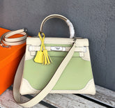 Hermes Kelly Sellier Ghillies 28cm Craie & Vert Pomme Barenia Leather Palladium Hardware Women Handbag