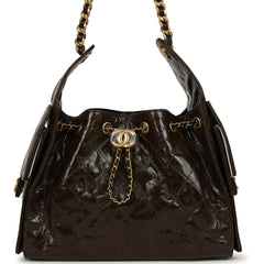 Chanel Small 25 Hobo Bag Khaki Shiny Aged Crumpled Calfskin Antique Gold Hardware