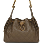 Chanel Small 25 Hobo Bag Dark Khaki Caviar Antique Gold Hardware