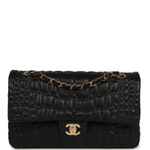Chanel Medium Classic Croc Embossed Double Flap Bag Black Lambskin Gold Hardware