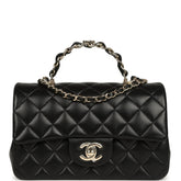 Chanel Mini Classic Rectangular Top Handle Flap Bag Black Lambskin Light Gold Hardware