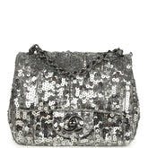 Chanel Mini Classic Square Flap Bag Metallic Silver Sequins Ruthenium Hardware