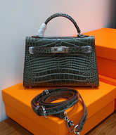 Hermes Kelly Sellier 19cm Gris Elephant Shiny Crocodile Leather Gold Hardware & Palladium Hardware Women Handbag