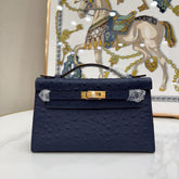 Hermes Mini Kelly Sellier 22cm Bleu Nuit Ostrich Leather Gold Hardware Women Mini Handbag