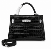 Kelly Sellier 19cm Noir Shiny Crocodile Leather Gold Hardware & Palladium Hardware Women Handbag