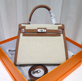 Hermès Kelly 25 Bag With Outside Stitching Constructed Of Patchwork Canvas & Premium Soft Swift Leather, Rich Warm Brown Tone Delivers Full-Bodied Vintage Luxury Texture Dimensions: Length 25 * Width 10 * Height 18cm
