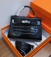 Hermes Kelly Sellier 19cm Noir Shiny Crocodile Leather Gold Hardware & Palladium Hardware Women Handbag