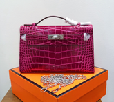 Hermes Kelly Pochette Fuchsia Shiny Niloticus Crocodile Leather Palladium Hardware Women Clutch Bag