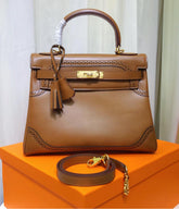 Hermes Kelly Sellier Ghillies 28cm Natural Sable Barenia Leather Gold Hardware Women Handbag