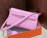 Hermes Kelly Elan 25 Underarm Baguette Bag, Genuine Top Layer Cowhide Goat Grain Leather, Silver Hardware Mauve Iris Purple Shoulder Handbag, Bright Soft Tone Youthful Elegant Daily Purse Size 25×6.5×15cm