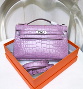 Hermes Kelly Pochette Lilac Shiny Niloticus Crocodile Leather Palladium Hardware Women Clutch Bag