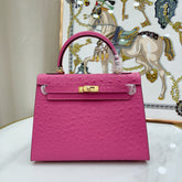 Hermes Kelly Sellier 25cm Rose Tyrien Ostrich Gold Hardware Designer Crossbody Tote