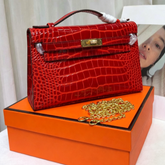 Hermes Kelly Pochette Rouge Casa Shiny Niloticus Crocodile Leather Gold Hardware Women Clutch Bag