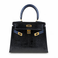 Kelly big ears, black with sapphire blue, original lizard leather, 20cm, completely handmade inside and outside, original hardware, shoulder strap❤️