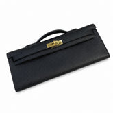 Kelly cut clutch evening bag epsom leather wax thread hand-stitched black gold buckle