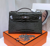 Hermes Kelly Pochette Gris Elephant Shiny Niloticus Crocodile Leather Palladium Hardware & Palladium Hardware Women Clutch Bag