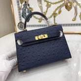 Hermes Mini Kelly Sellier 19cm Bleu Nuit Ostrich Leather Gold Hardware Women Mini Handbag