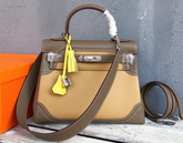 Hermes Kelly Sellier Ghillies 28cm Beige Poussière & Marron Foncé Barenia Leather Palladium Hardware Women Handbag