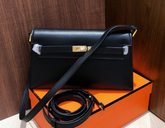 Hermes Kelly Elan 25 Underarm Baguette Bag, Genuine Top Layer Cowhide with Glossy Goat Grain, Gold Hardware Black Shoulder Handbag, Spacious Capacity Casual Versatile Daily Purse Size 25×6.5×15cm