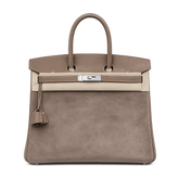 Birkin 30 Retourne in Etoupe Suede Grizzly with White Stitching (Palladium Hardware)