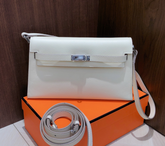 Hermes Kelly Elan 25 Underarm Baguette Bag, Genuine Top Layer Cowhide Goat Grain Leather, Silver Hardware Off White Shoulder Handbag, Youthful Elegant Goddess Daily Purse Size 25×6.5×15cm