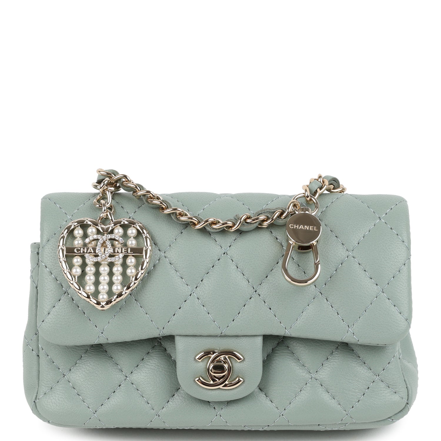 Chanel Nano Classic Double Flap Bag Charm Dark Green Lambskin Light Gold Hardware