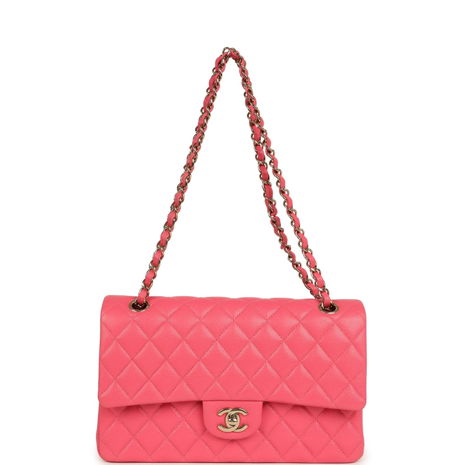 Pre-owned Chanel Medium Classic Double Flap Bag Dark Pink Shiny Caviar Gold Hardware